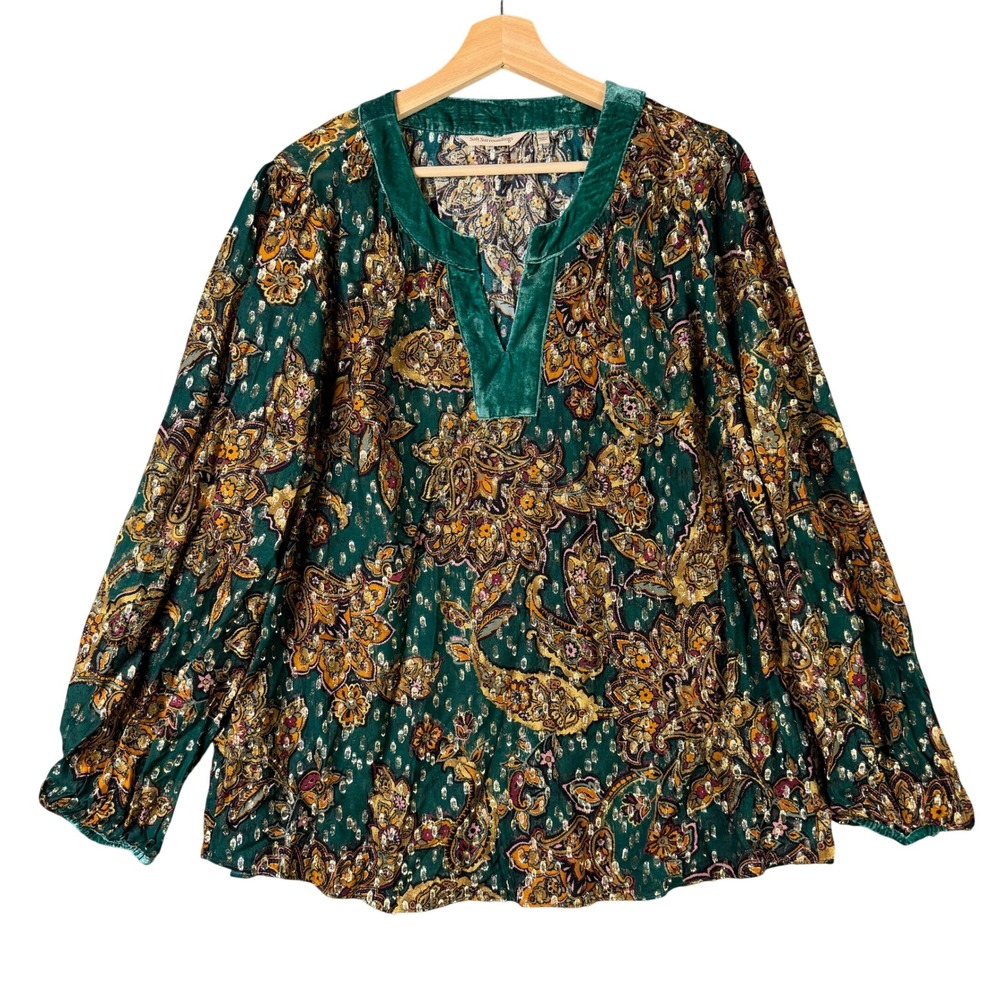 Soft Surroundings Green Gold Metallic Paisley Velvet Trim Blouse Top L 2HC39